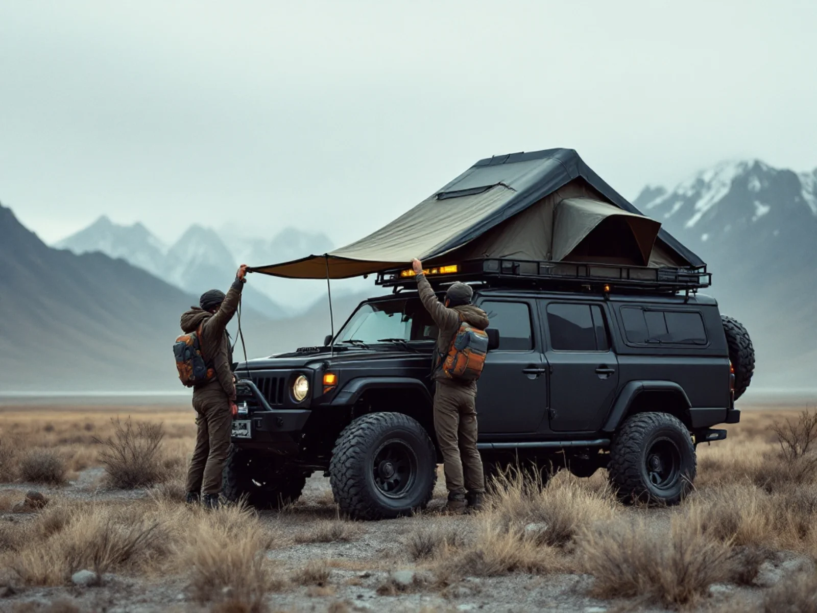 Kazakh family of four walking from their expedition caravan on a lakeshore