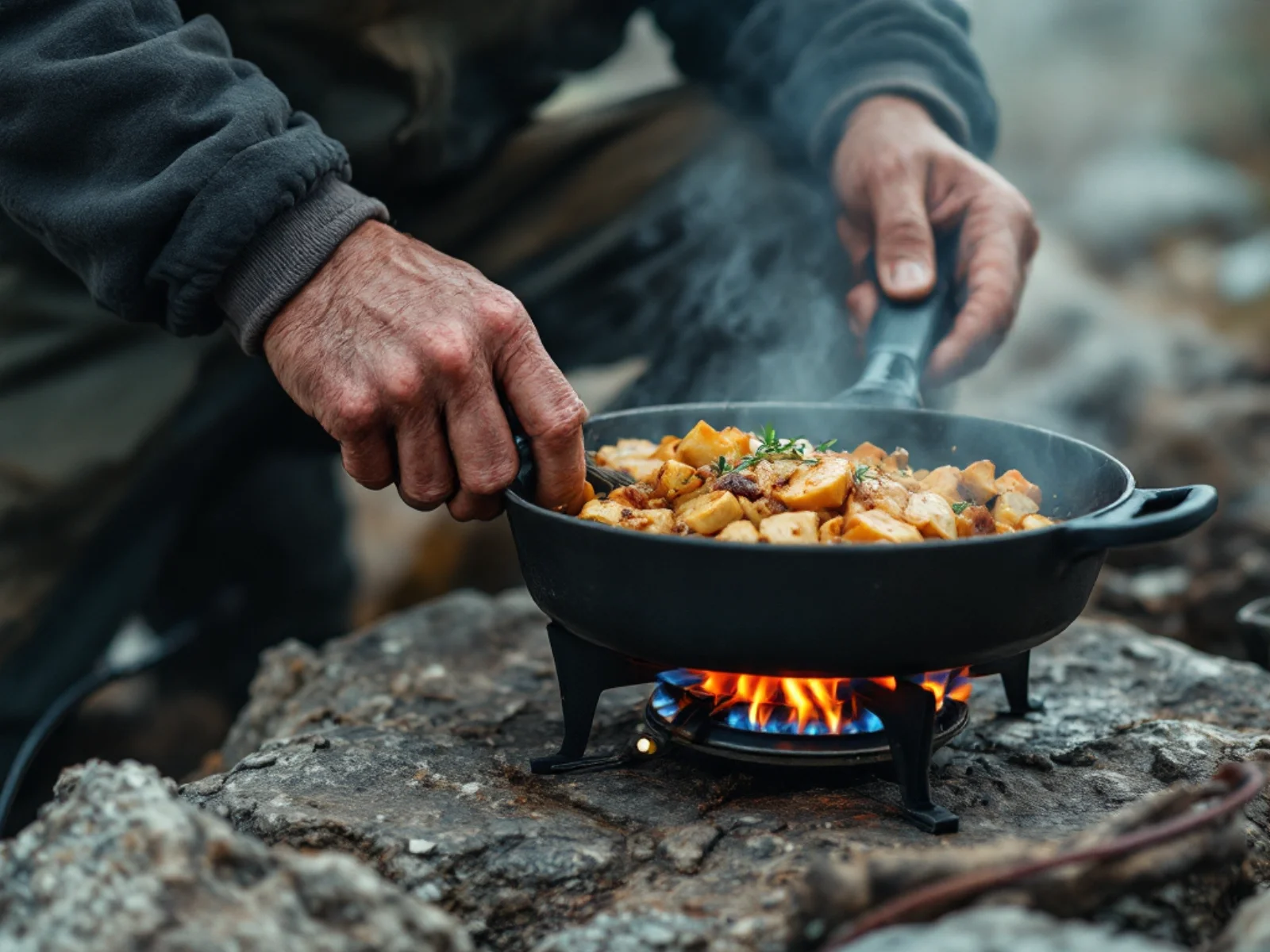 Private chef preparing vegetables on a camp stove at golden hour