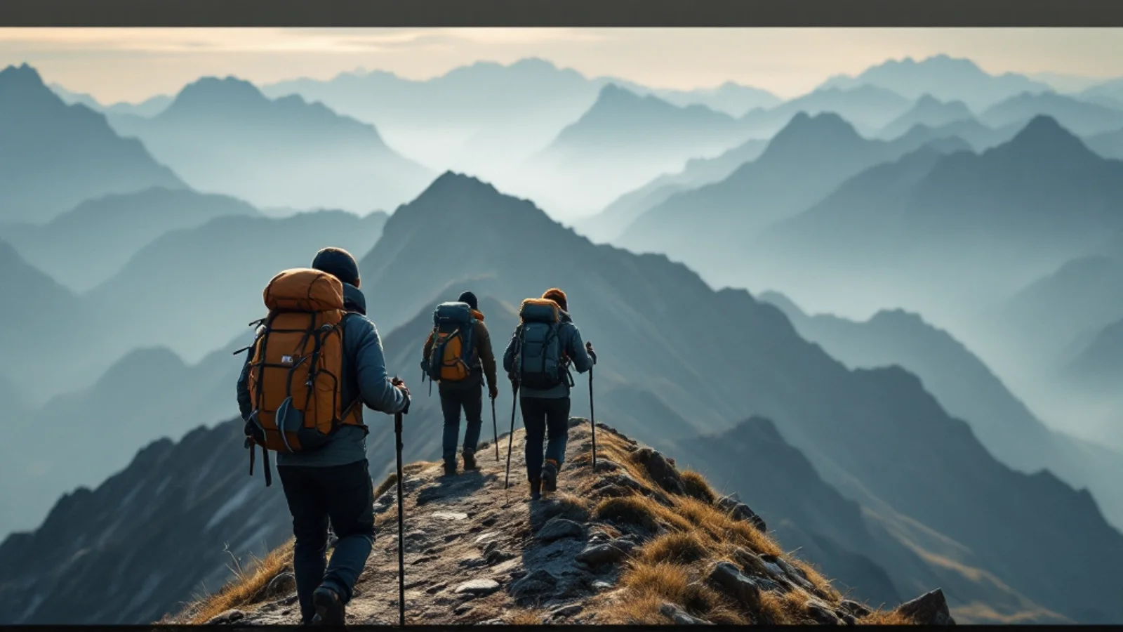 Four hikers with trekking poles walking from the camp toward a mountain pass in a Kyrgyz alpine valley