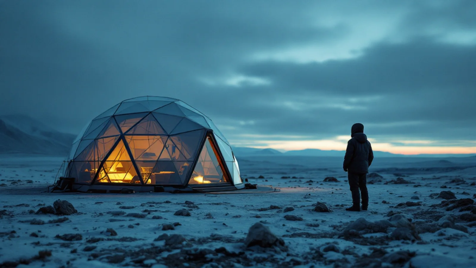 Black and white Tars Camp geodesic tents side by side in an alpine meadow