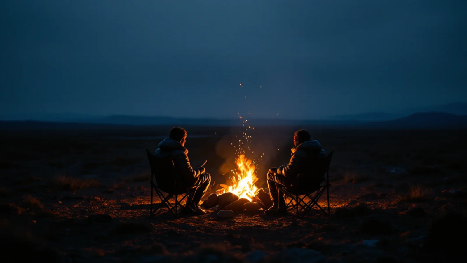 Group around a beach campfire with a glowing dome tent behind